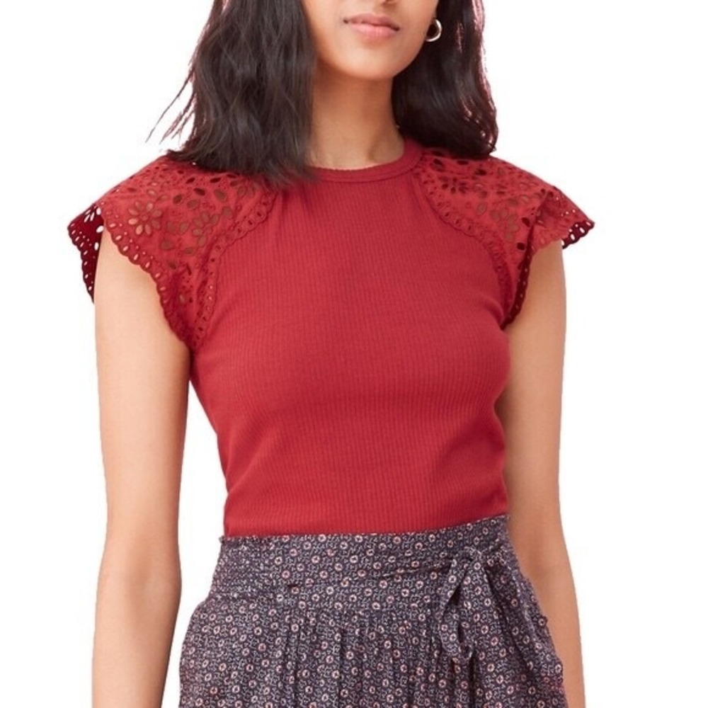 Lace Flutter Sleeve Ribbed Knit Top - Crimson Red